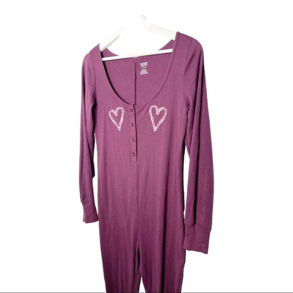 VICTORIA'S SECRET PINK Plum Burgundy Candy Cane Heart Onesie Pajamas Rom… - Picture 2 of 7
